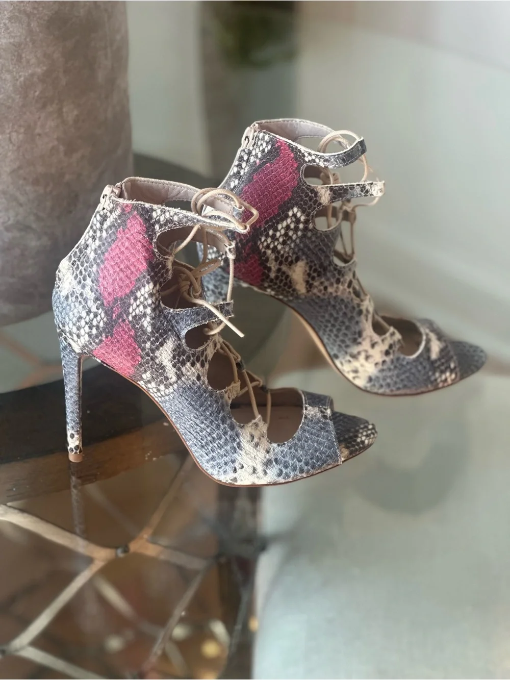 Zara Snake-Print Lace-Up leather Stiletto Heels in Pink and Neutral sz 39 (8 US)